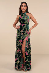 Flawlessly Gorgeous Green Burnout Floral Halter Maxi Dress