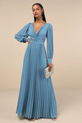 Sophisticated Grace Slate Blue Pleated Long Sleeve Maxi Dress