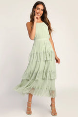 Came For Cocktails Light Blue Pleated Tiered Lace Maxi Dress