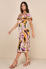 Authentically Yours Yellow Multi Abstract Print Satin Midi Dress