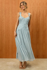 Laufey Dusty Blue Pleated Drop Waist Midi Dress
