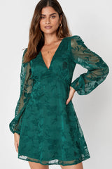 Angelic Bliss Emerald Green Embroidered Puff Sleeve Mini Dress