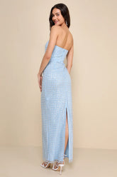 Perfectly Luxurious Light Blue Pearl Strapless Maxi Dress
