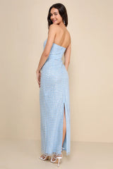 Perfectly Luxurious Light Blue Pearl Strapless Maxi Dress