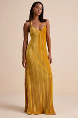 Kauri Golden Yellow Velvet Pleated Backless Maxi Dress