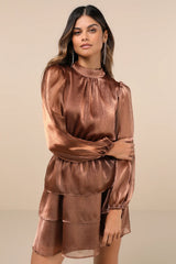 Ideal Behavior Bronze Metallic Backless Tiered Mini Dress