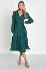 Evening of Elegance Black Floral Jacquard Wrap Midi Dress