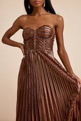 Shoshone Brown Pleated Lurex Strapless Bustier Maxi Dress