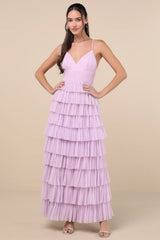 Radiant Event Lavender Mesh Tiered Ruffled Backless Maxi Dress
