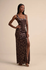 Miraya Dark Brown Burnout Velvet Maxi Dress