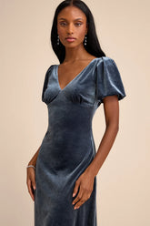 Obrissa Slate Blue Velvet Puff Sleeve Tie-Back Midi Dress