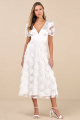 Gorgeous Elevation White Lace Rosette Puff Sleeve Midi Dress