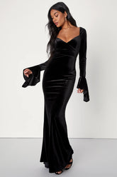 Dramatic Instincts Black Velvet Bell Sleeve Mermaid Maxi Dress