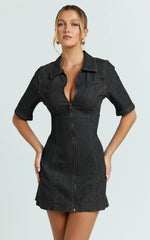 Tessie Mini Dress - Zip Front Collared Denim Mini Dress in Black
