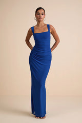 Amazing Presence Blue Mesh Ruched Column Maxi Dress