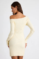 Penelope Cream Ribbed Off-the-Shoulder Sweater Mini Dress