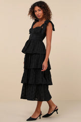 Gorgeous Excellence Black Floral Burnout Tiered Midi Dress