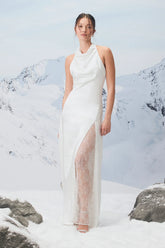 Concetta Ivory Satin Lace Halter Maxi Dress