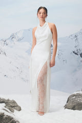 Concetta Ivory Satin Lace Halter Maxi Dress