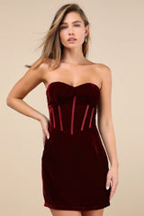Poised Favorite Burgundy Velvet Bustier Strapless Mini Dress