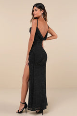 Luxe Endeavor Black Mesh Rhinestone Cowl Maxi Dress