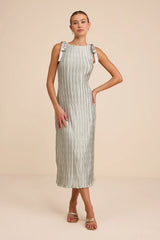 Nuala Sage Green Pleated Sleeveless Bow Midi Dress