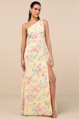 Elegant Admiration Pale Yellow Floral One-Shoulder Maxi Dress