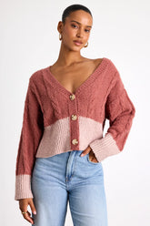 Convincingly Cozy Beige and Ivory Cable Knit Boucle Cardigan