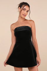 Captivating Admiration Black Velvet Strapless Mini Dress