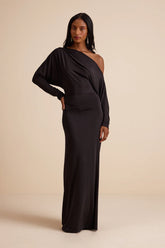 Valani Charcoal Jersey Knit Asymmetrical Long Sleeve Maxi Dress