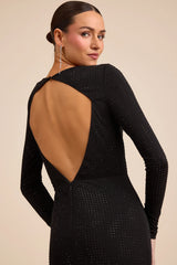 Rhodria Black Rhinestone Cowl Long Sleeve Maxi Dress