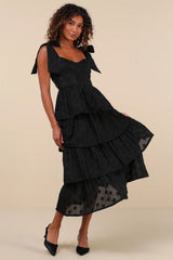 Gorgeous Excellence Black Floral Burnout Tiered Midi Dress