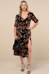 Gloriously Chic Black Floral Burnout Short Sleeve Midi Dress