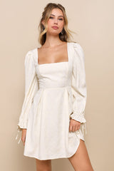 Elegant Adoration Cream Floral Jacquard Long Sleeve Mini Dress