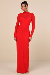 Sensational Appeal Red Mesh Cutout Long Sleeve Maxi Dress
