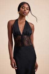 Lennon Black Satin Lace Halter Maxi Dress