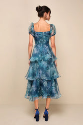 Darling Vision Teal Floral Organza Puff Sleeve Tiered Midi Dress
