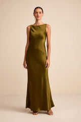 Janita Olive Satin Sleeveless Cowl Back Maxi Dress