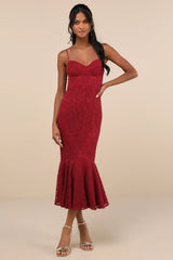 Found Your Love Wine Red Lace Sleeveless Trumpet Midi Dress