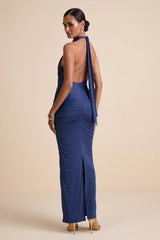 Seraiah Olive Green Knotted Ruched Halter Maxi Dress