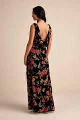 Prim Black Multi Floral Burnout Velvet Cowl Back Maxi Dress
