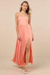 Luxe Favorite Peach Pink Strapless Ruched Maxi Dress