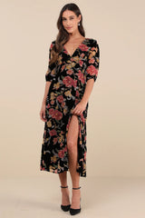 Gloriously Chic Black Floral Burnout Short Sleeve Midi Dress