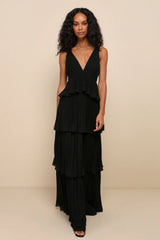 Mesmerizing Essence Navy Pleated Backless Tiered Maxi Dress