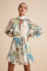 Ayame Ivory Floral Swiss Dot Balloon Sleeve Mini Dress