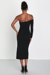 Modern Stunner Black One-Shoulder Bodycon Midi Dress