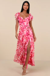 Sensationally Sweeter Bright Pink Floral Ruffled Maxi Dress