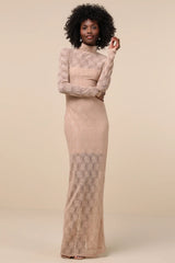 Famous Impression Beige Lace Mock Neck Long Sleeve Maxi Dress