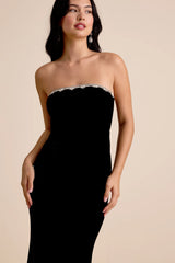 Leesa Black Velvet Rhinestone Mermaid Maxi Dress