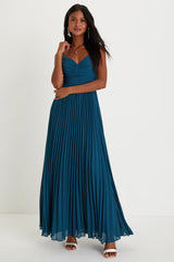 Sensational Charmer Teal Blue Pleated Sleeveless Maxi Dress